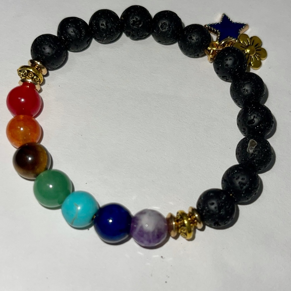 Black lava beads and Chakra color gem stones.